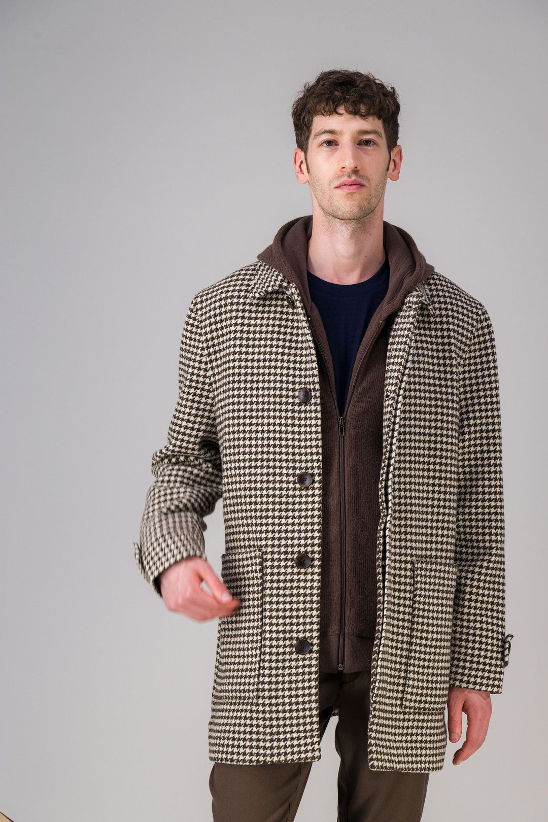Long Manteau en Laine motifs pied de poule