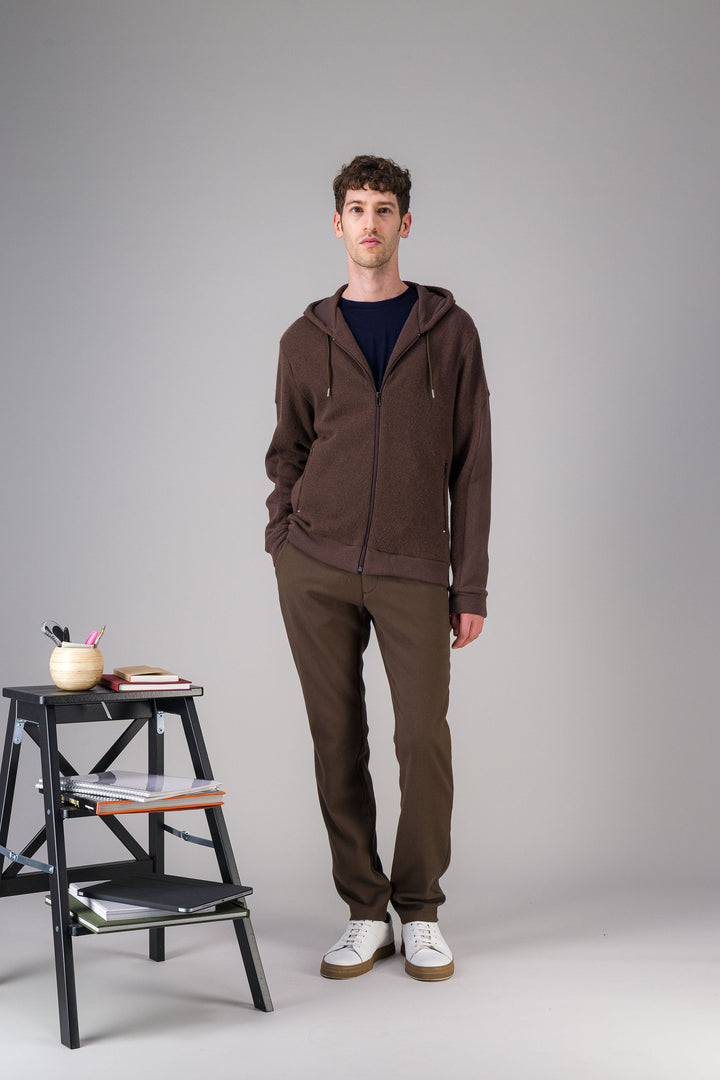 Pull zippé marron capuche en laine recyclée japonaise
