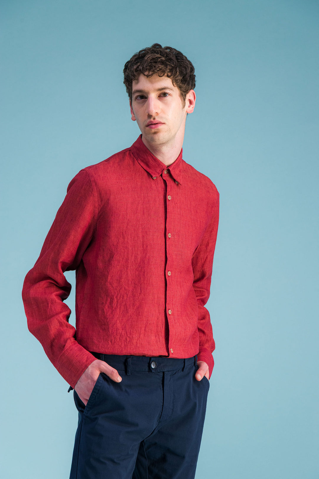 Chemise lin rouge rubis chiné