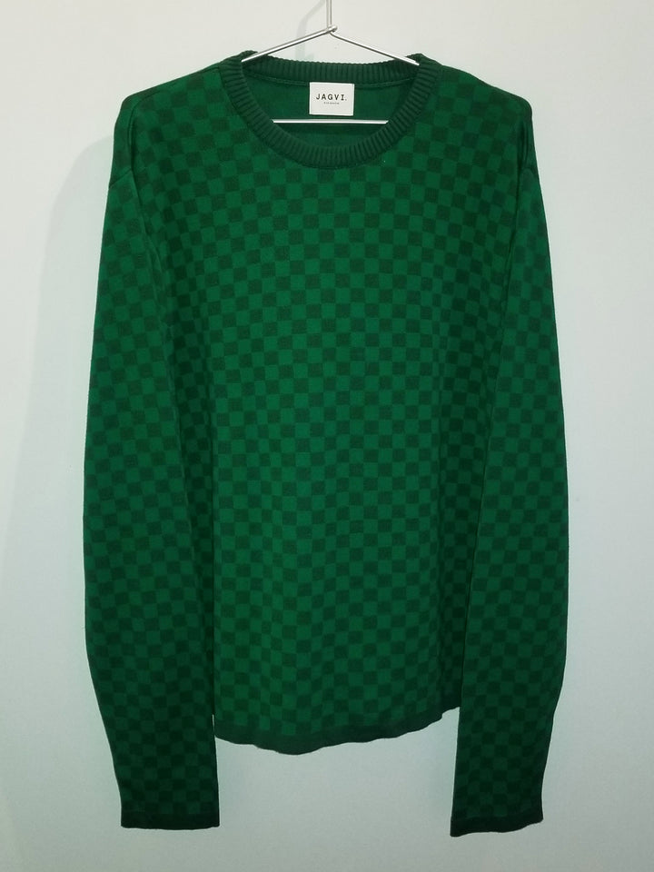 Knitted sweater in organic cotton with green checkerboard