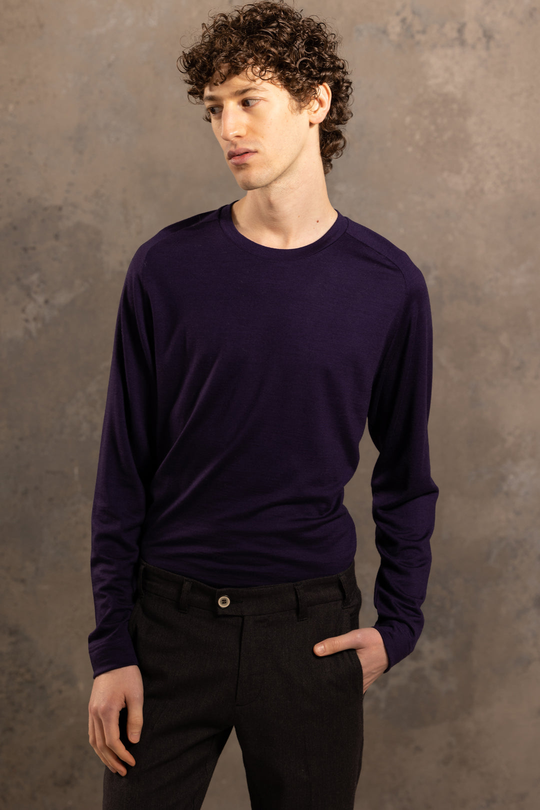 T Shirt manches longues en laine fine violet