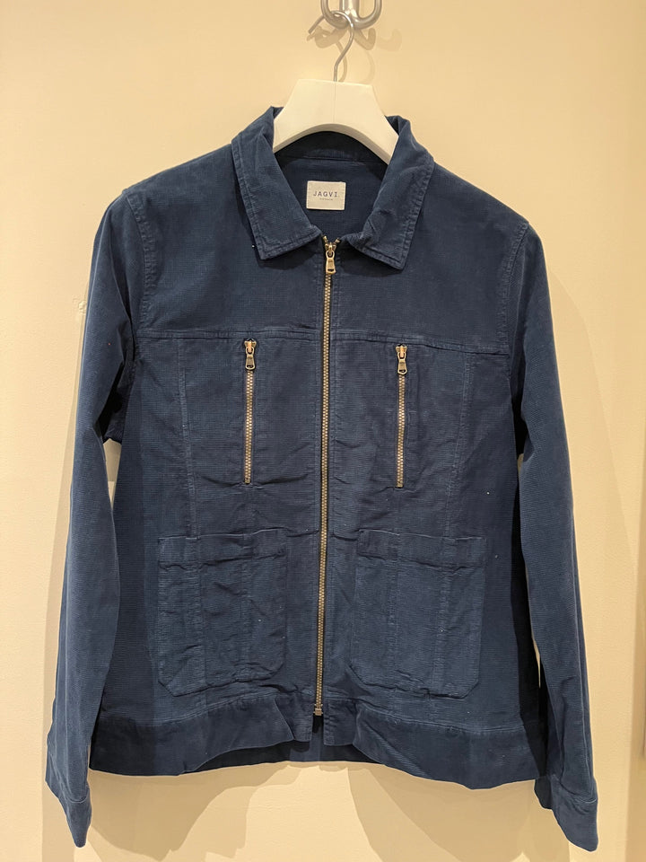 Veste zippée velours col chemise bleu