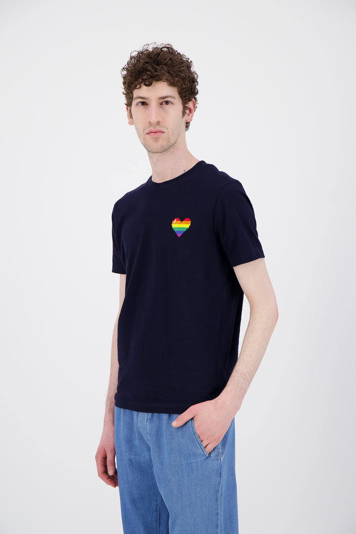 T Shirt marine coton bio rainbow pixel
