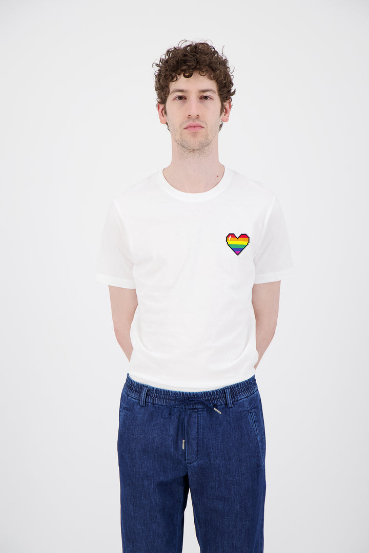 T Shirt coton bio blanc rainbow pixel