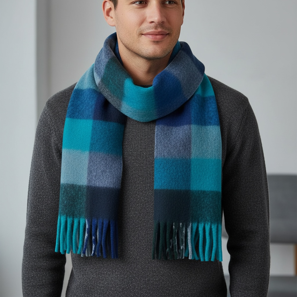 Echarpe laine recyclée carreaux bleus