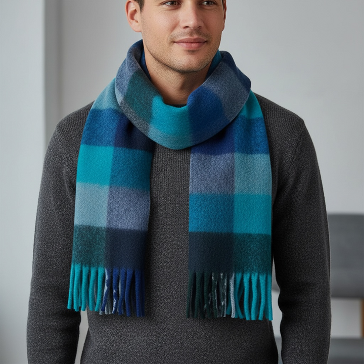 Echarpe laine recyclée carreaux bleus