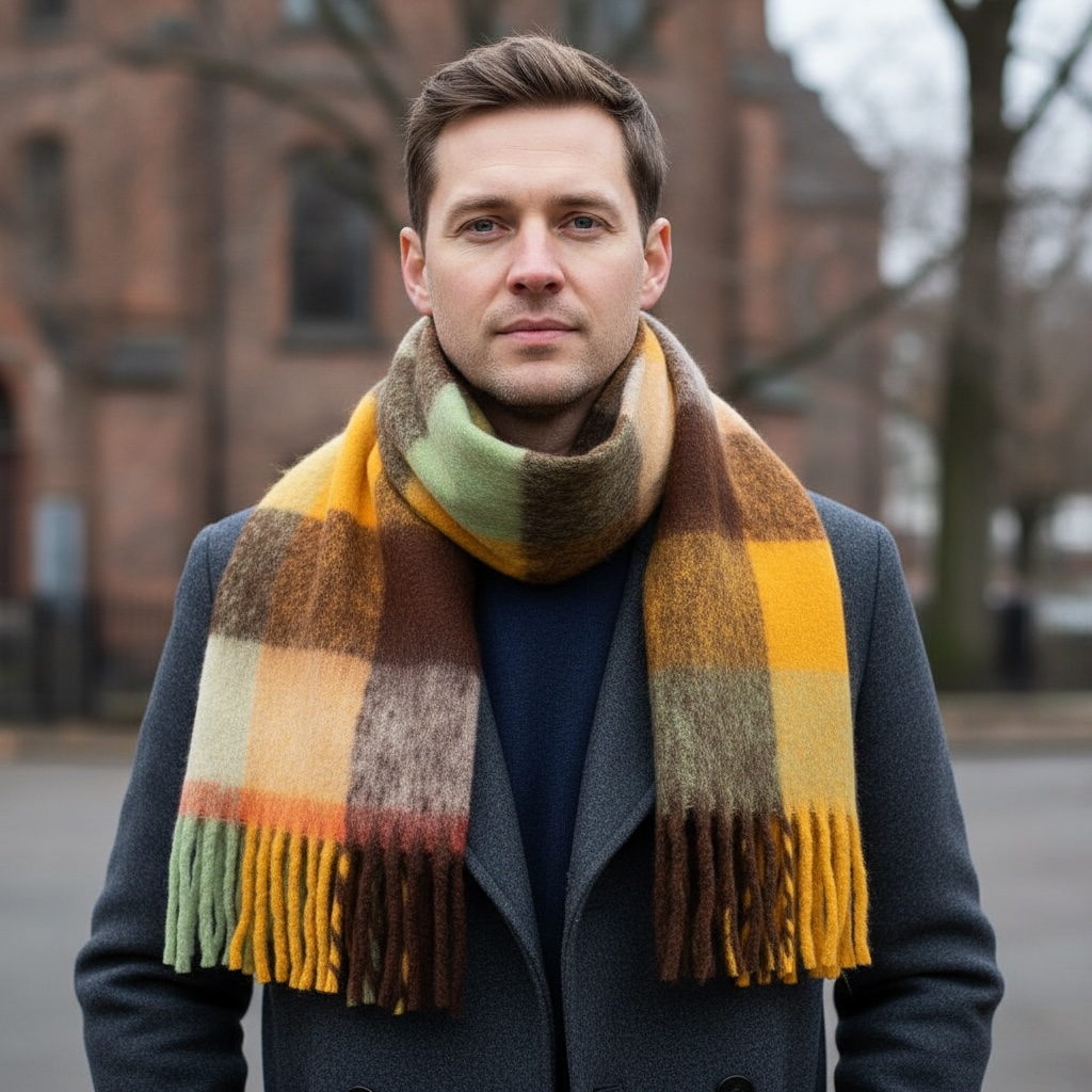 Echarpe laine recyclée carreaux orangés