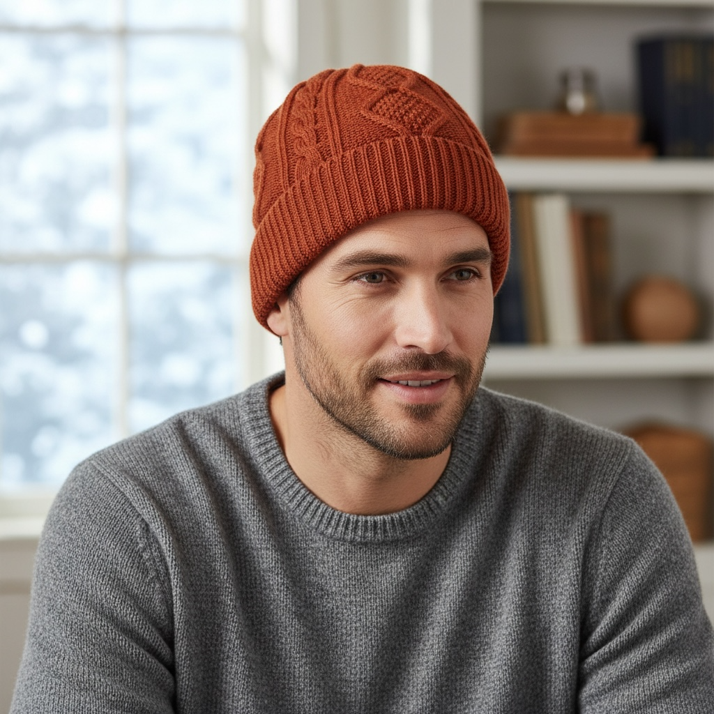 Khaki woven merino wool beanie