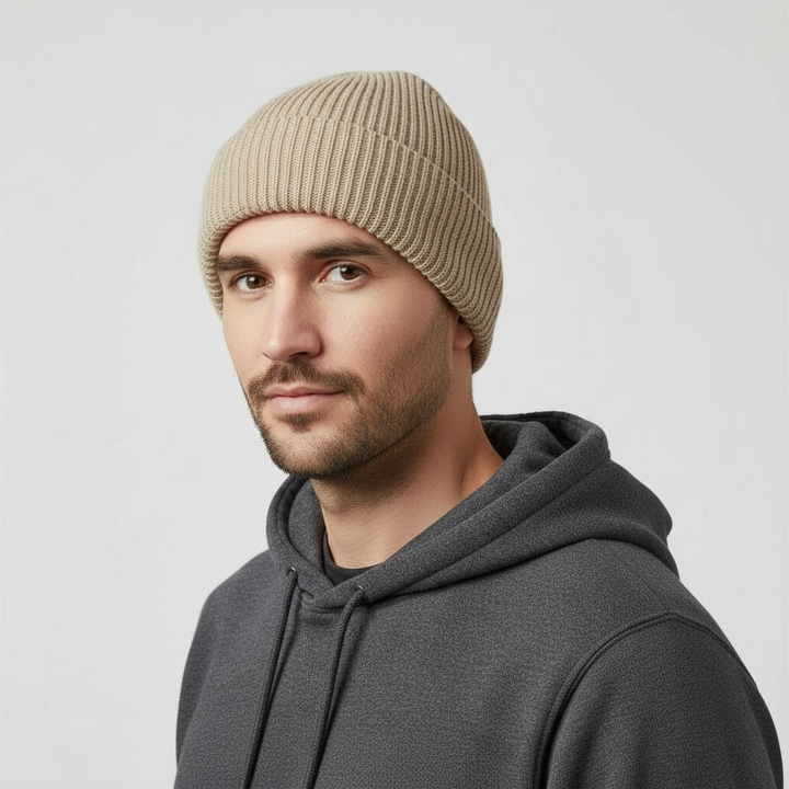 Khaki woven merino wool beanie
