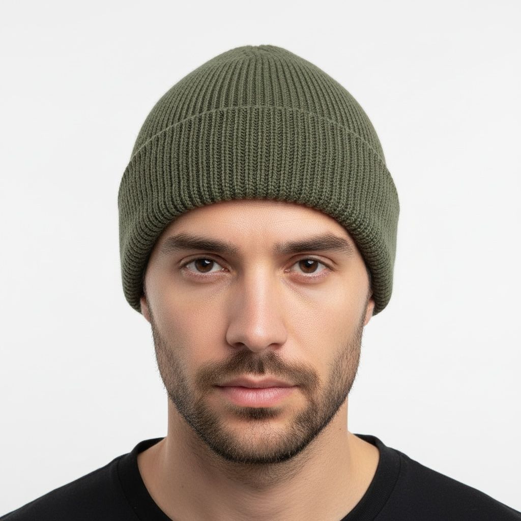 Khaki woven merino wool beanie