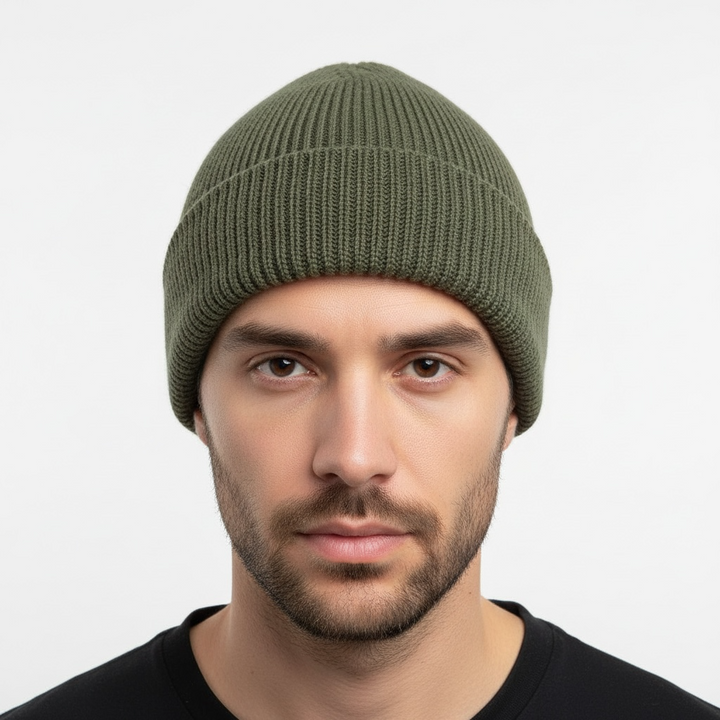 Khaki woven merino wool beanie