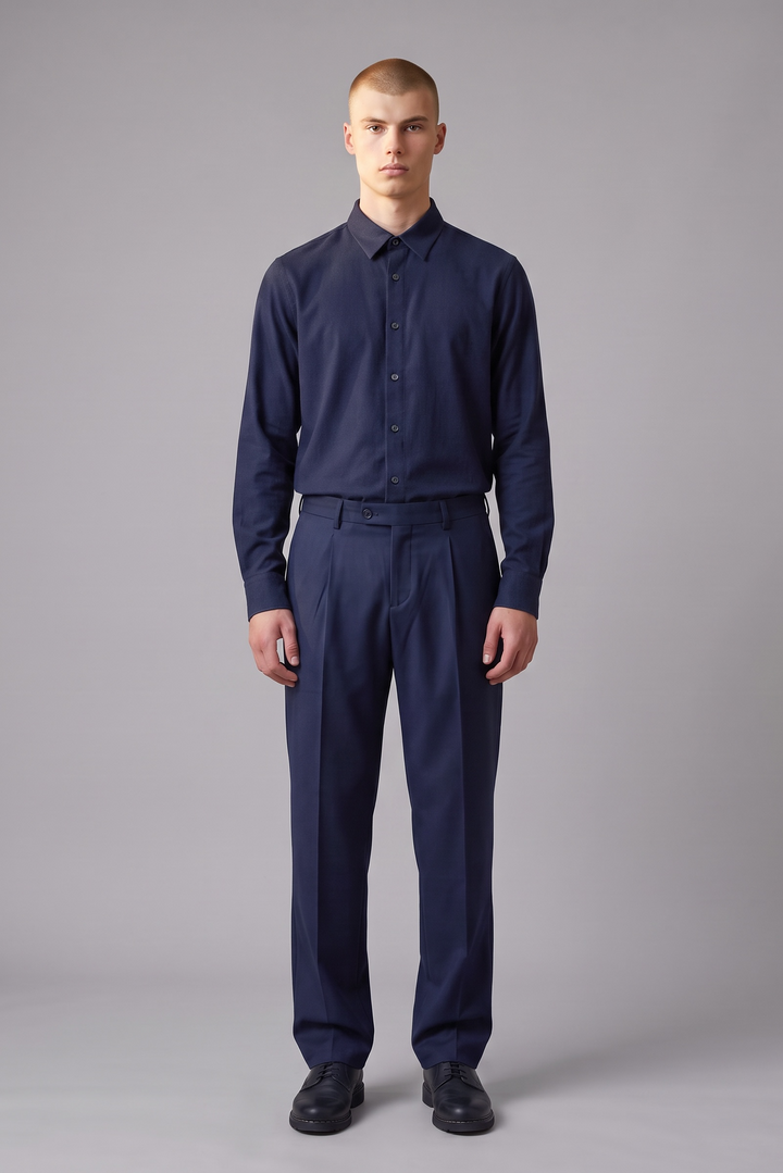 Pantalon pleats coton laine stretch bleu