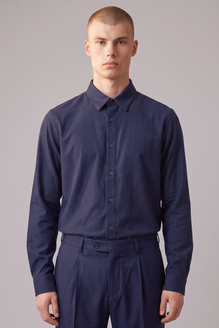 Chemise en flanelle de coton bio bleu foncé chiné