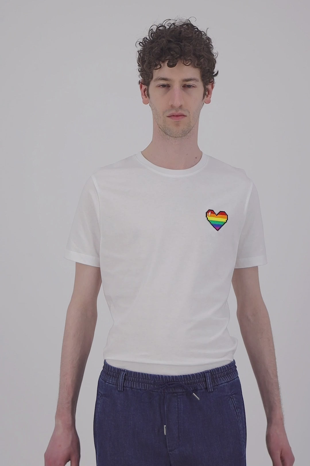 T Shirt coton bio blanc rainbow pixel